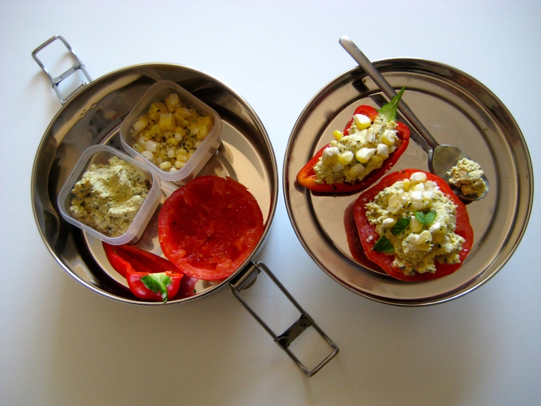 Stuffed Tomatoes and Peppers with Creamy Tofu, Fresh Corn, and Hempseeds 2