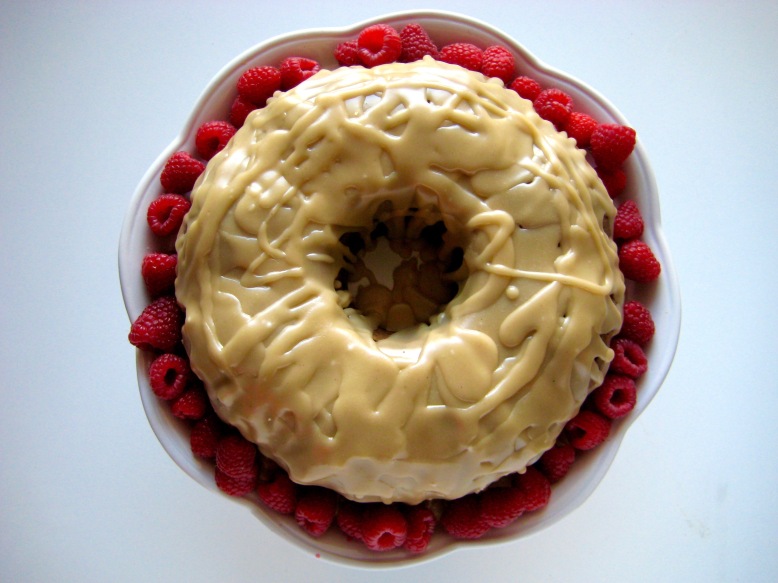 Raspberry Chocolate Chunk Buckwheat Bundt Cake with Maple Icing